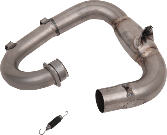 FMF Megabomb header with midpipe in titanium for motorcycle exhaust upgrade, showcasing sleek metallic finish and precision craftsmanship.