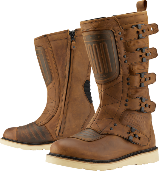 Brown ICON Elsinore 2™ CE boots by Bill's Exhausts, size 12, with rugged leather design and sturdy construction.