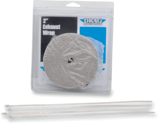DRAG SPECIALTIES tan exhaust heat wrap kit with ties, 2-inch by 25-foot length, for motorcycle exhaust system insulation.