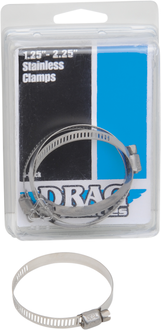 Stainless steel clamps for tubing, 1.25 to 2.25 inches, by DRAG SPECIALTIES, shown securing cylindrical tubing.