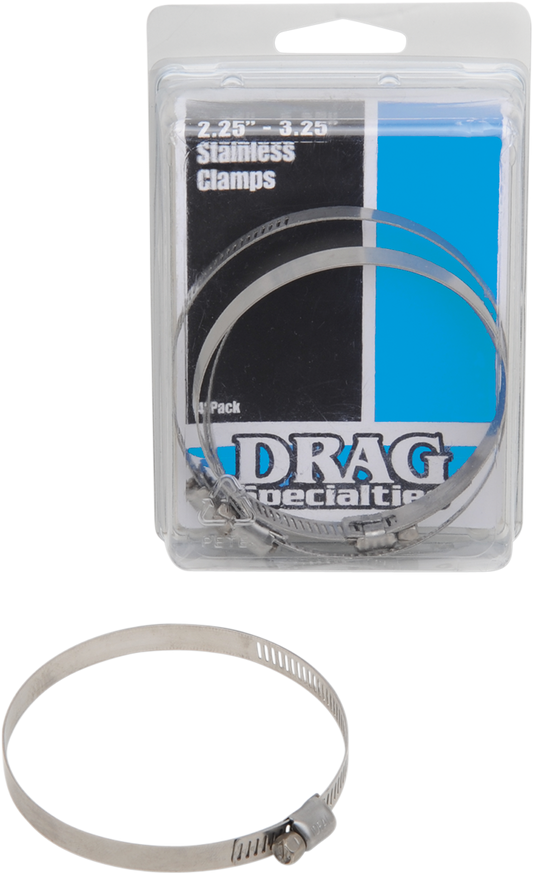 Stainless steel clamps from Drag Specialties, adjustable for 2.25 to 3.25 inches, shown in close-up image.