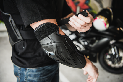 Black ICON Field Armor 3 Elbows by Bill's Exhausts, size S/M, padded protective armor for elbows, durable and flexible.