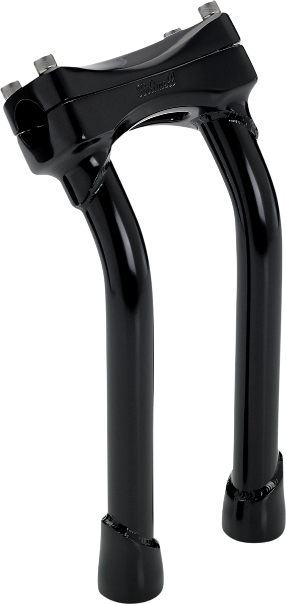 Black BILTWELL Murdock oversized 10-inch handlebar risers with pullback for motorcycles, designed by Bill's Exhausts.