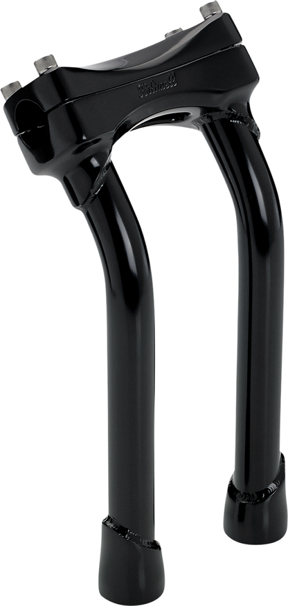 Black BILTWELL Murdock oversized 10-inch handlebar risers with pullback for motorcycles, designed by Bill's Exhausts.
