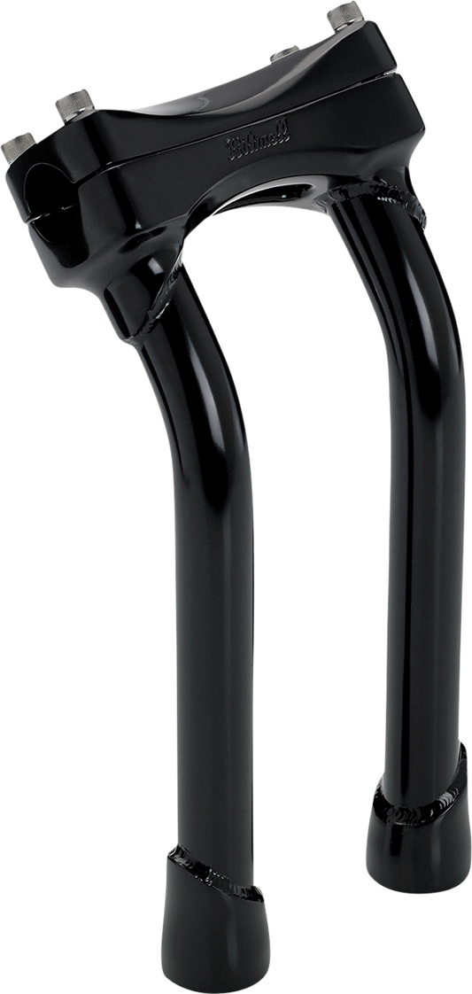 Black BILTWELL Murdock oversized 10-inch handlebar risers with pullback for motorcycles, designed by Bill's Exhausts.