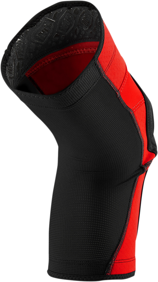 Bill's Exhausts Ridecamp Knee Guards in red and black, small size, offering protective knee support for outdoor cycling or motocross.