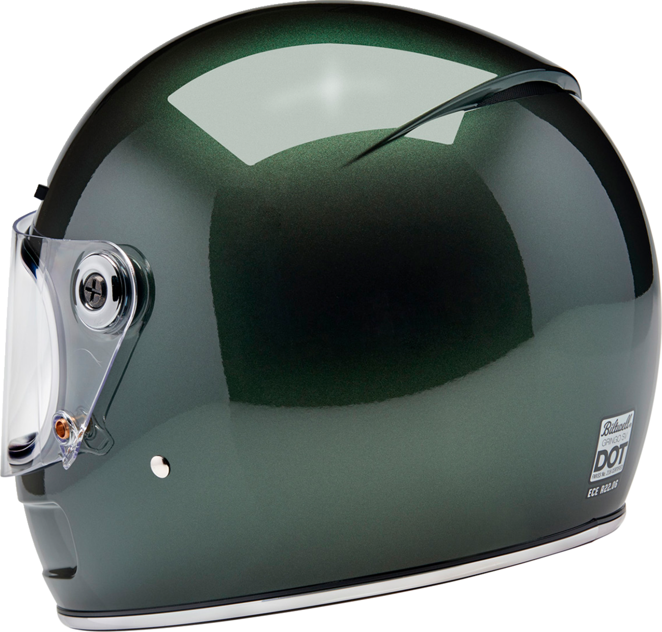 BILTWELL Gringo SV helmet in metallic Sierra Green, size XL, with a sleek, glossy finish and helmet strap visible.
