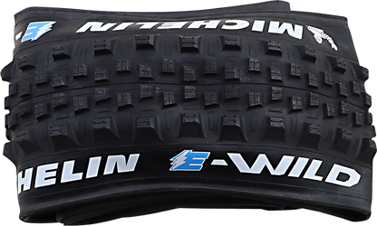 Michelin E-Wild front tire for e-bikes, 27.5 x 2.80, with rugged tread pattern and durable rubber for off-road biking.