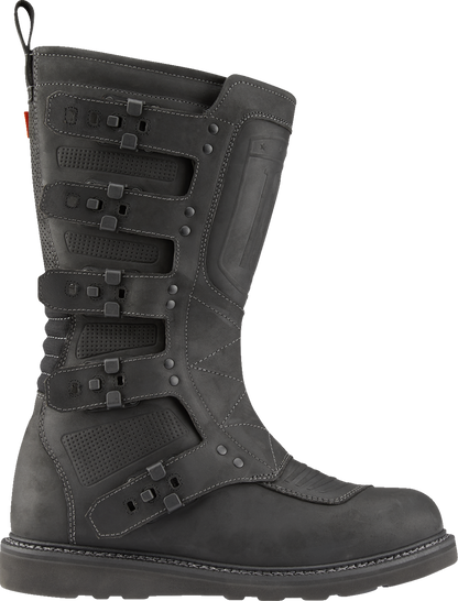 Black ICON Elsinore 2™ CE boots by Bill's Exhausts, size 11, with rugged leather upper and durable sole.