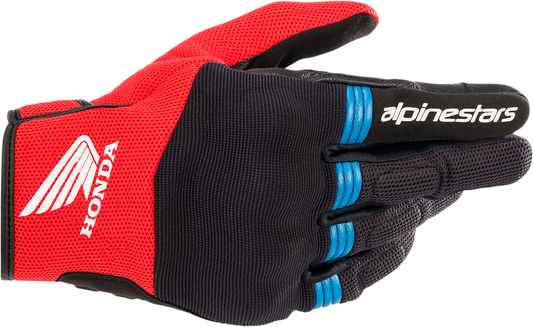 Alpinestars Honda Copper motorcycle gloves in black, bright red, and blue, size small, featuring protective design and branding.