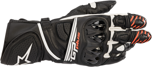 Alpinestars GP Plus R v2 motorcycle gloves in black and white, medium size, featuring protective padding and racing design.