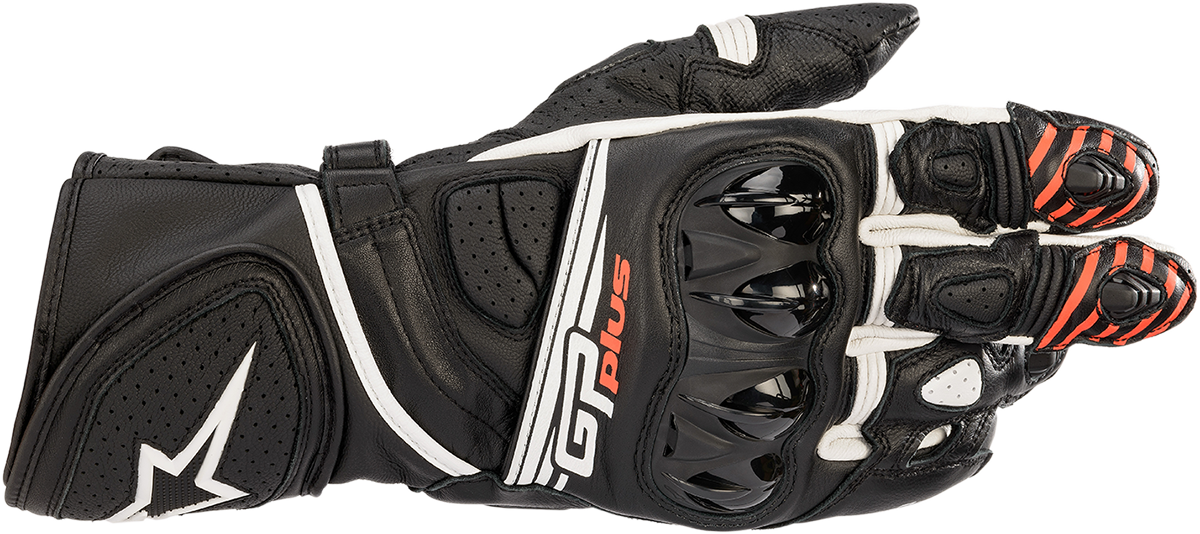 Black and white ALPINESTARS GP Plus R v2 motorcycle gloves in small size, showing protective knuckles and textured palm design.