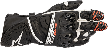 Black and white ALPINESTARS GP Plus R v2 motorcycle gloves in small size, showing protective knuckles and textured palm design.