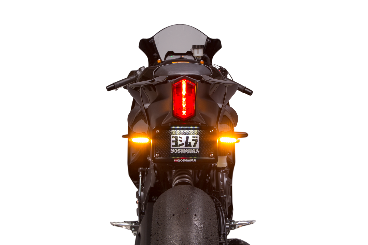 YOSHIMURA Fender Eliminator Kit for Yamaha motorcycles, showing sleek black license plate holder and integrated tail light assembly.