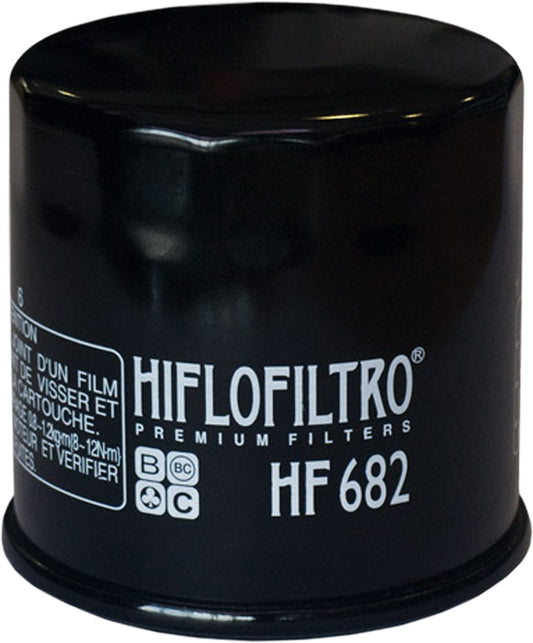 HIFLOFILTRO HF682 motorcycle oil filter with metal casing and filter element, designed for engine oil filtration.