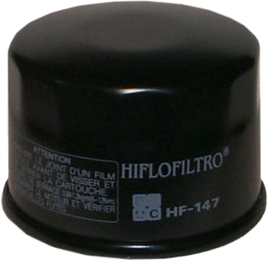 HIFLOFILTRO HF147 motorcycle oil filter showing a cylindrical metal filter element with rubber seals for engine lubrication.