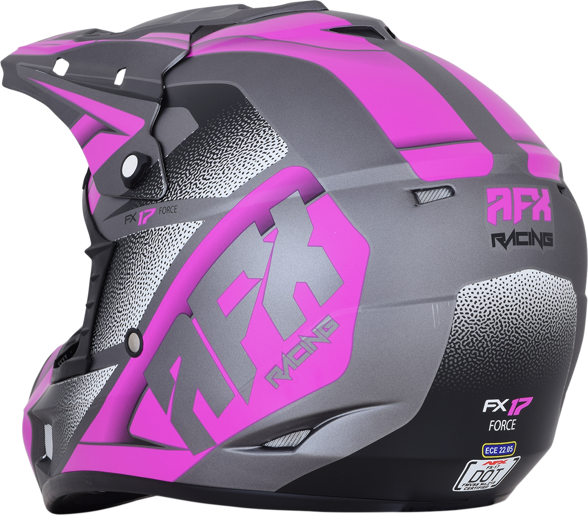 Frost gray and fuchsia AFX FX-17 helmet in medium size with a sleek, aerodynamic design and clear visor.