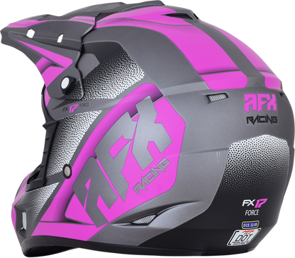 Frost gray and fuchsia AFX FX-17 helmet in medium size with a sleek, aerodynamic design and clear visor.