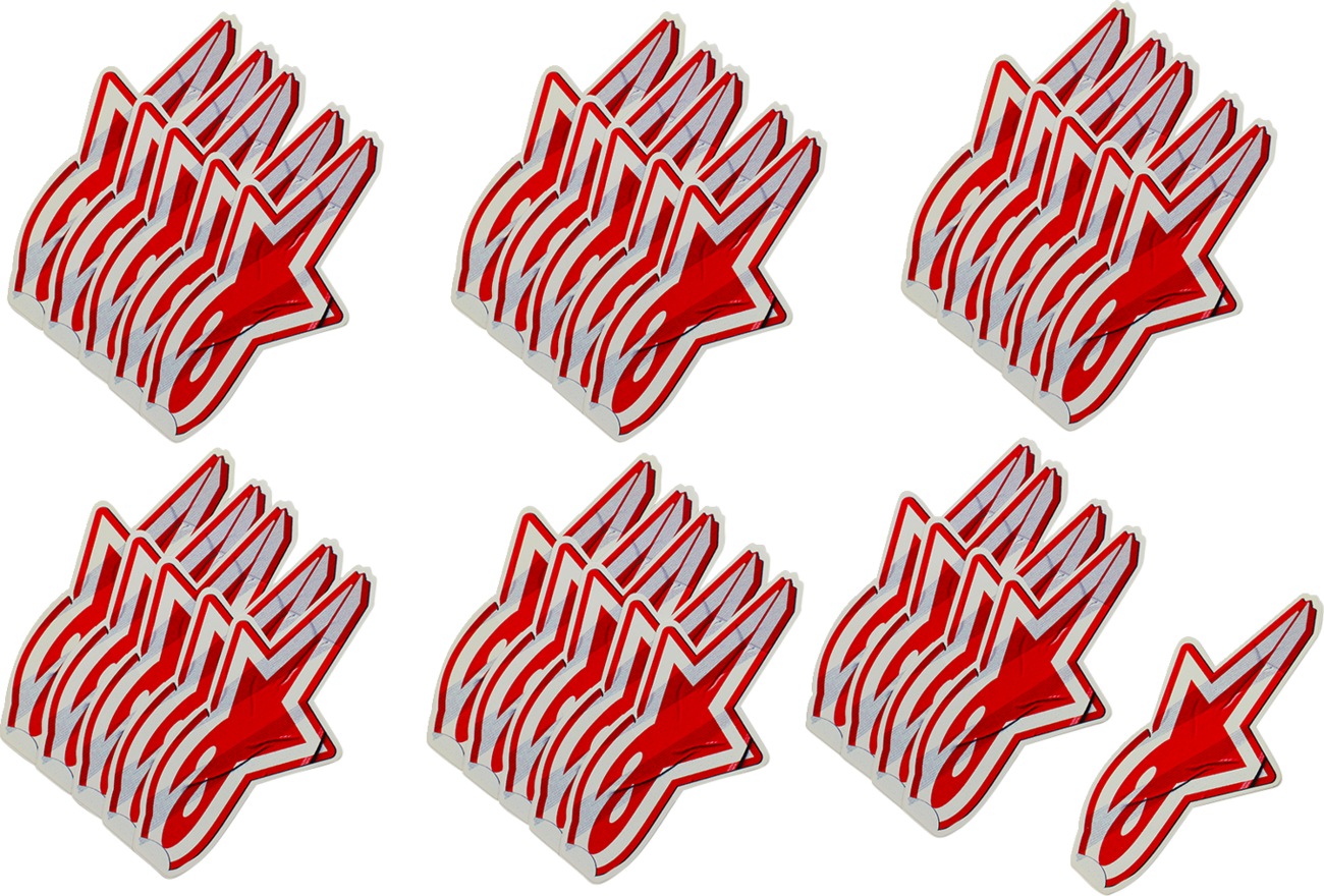 Set of 30 black and white ALPINESTARS sticky decals, 5-inch helmet parts stickers in a packaging layout.