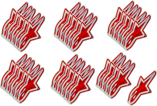 Set of 30 black and white ALPINESTARS sticky decals, 5-inch helmet parts stickers in a packaging layout.