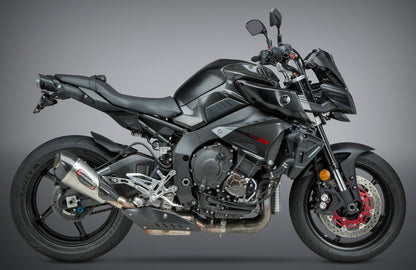 YOSHIMURA Yoshimura Exhaust Street Alpha T Slip-On SS and carbon fiber end cap on motorcycle, showcasing sleek design and stainless steel finish.