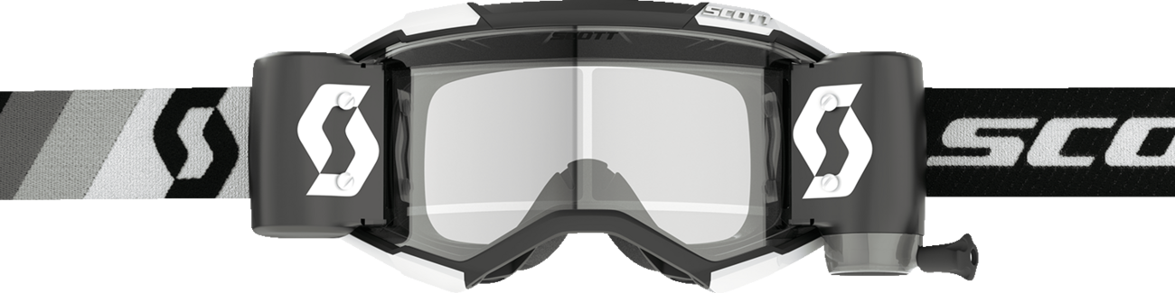 Scott Fury WFS Goggle in black and white with clear lens, designed for motocross and outdoor sports.