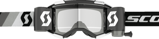 Scott Fury WFS Goggle in black and white with clear lens, designed for motocross and outdoor sports.