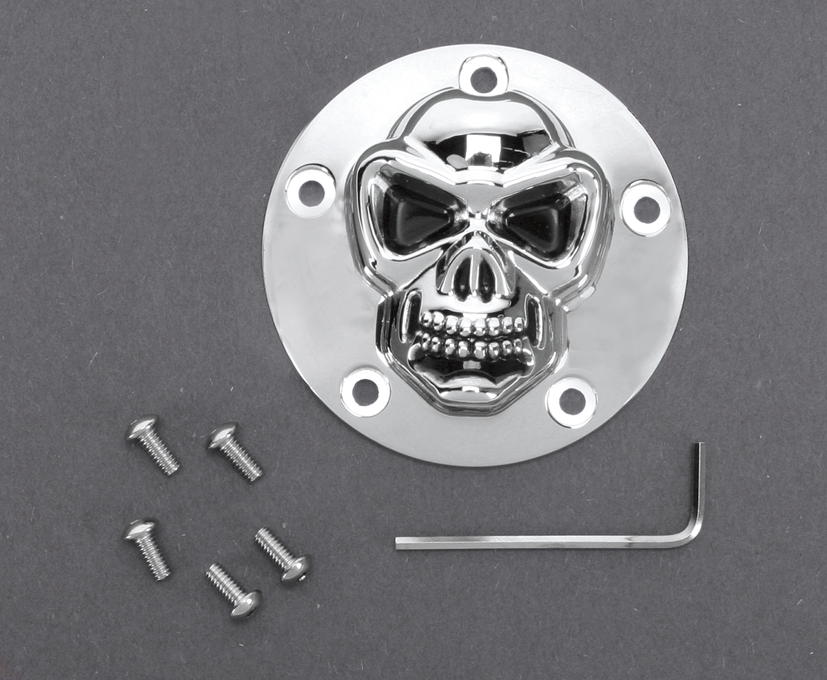 Drag Specialties 3-D skull points cover for Twin Cam motorcycles, featuring detailed skull design on black metal.