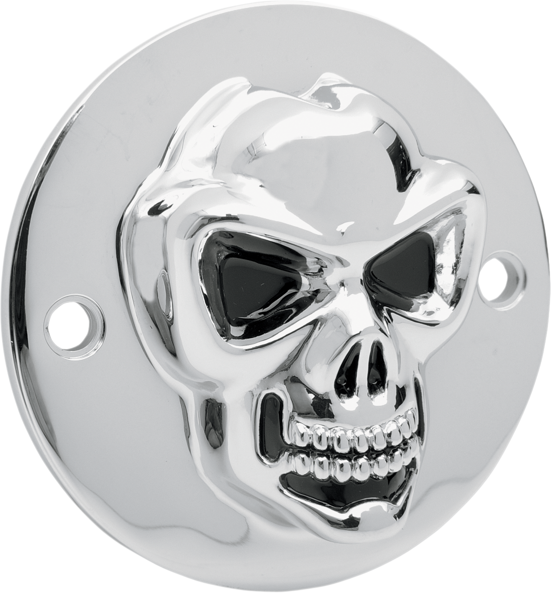 Drag Specialties 3-D skull points cover for Harley Big Twin motorcycle engine, featuring detailed skull design and chrome finish.