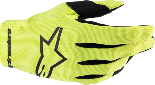 Alpinestars Radar gloves in fluo yellow and black, small size, showing padded knuckles and breathable fabric for motorcycle riding.