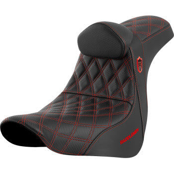 SADDLEMEN Pro Series SDC performance motorcycle seat with backrest, red stitching, for FL/FX models 2018-2023, in black and red leather