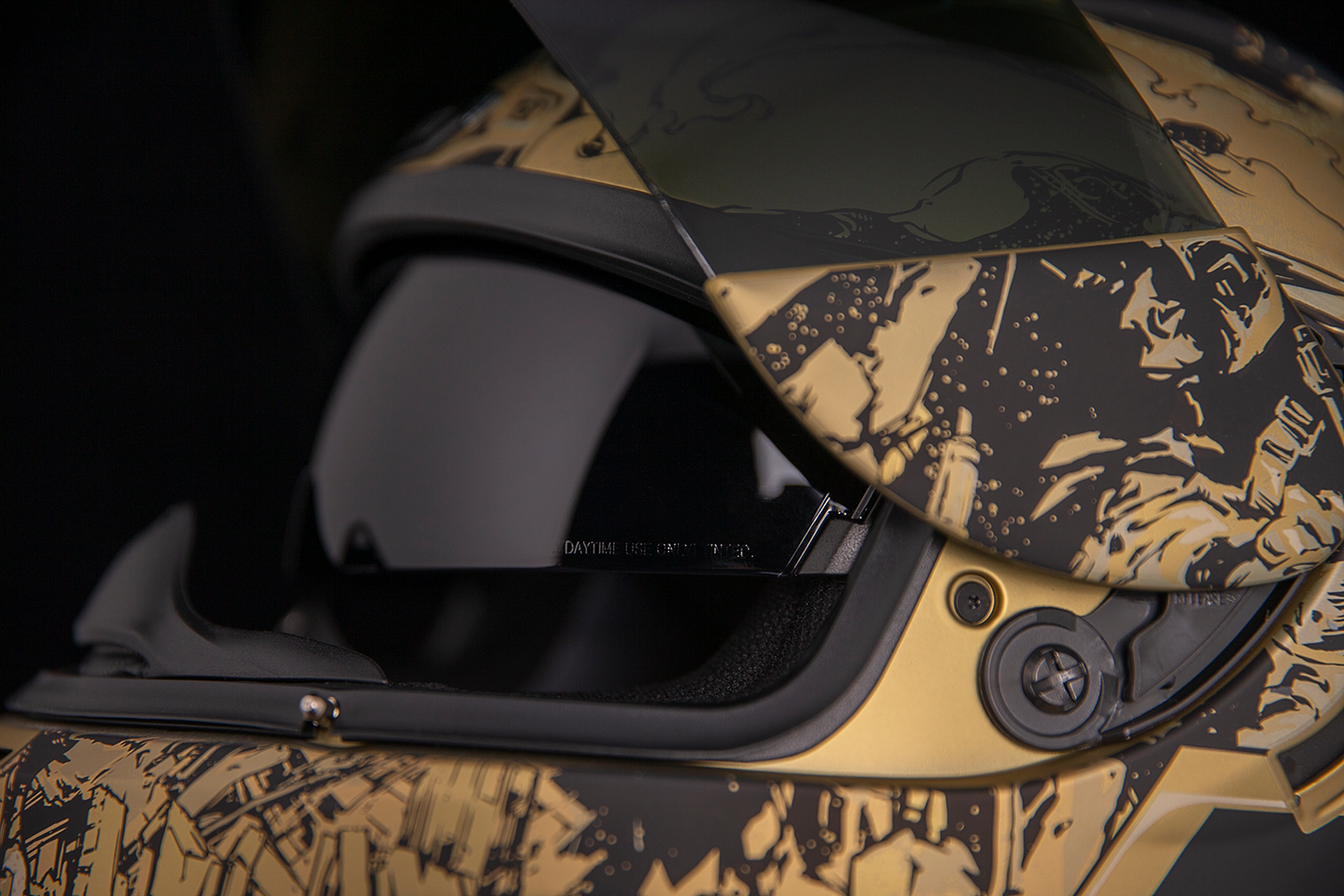 Bill's Exhausts ICON Airform Guardian Gold helmet in small size, showcasing a sleek helmet design with a shiny gold finish.