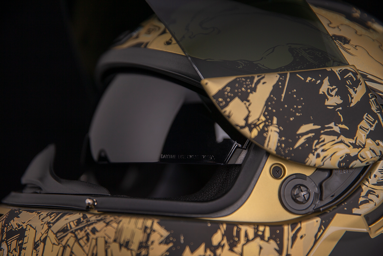 Bill's Exhausts ICON Airform Guardian helmet in gold, large size, with sleek helmet design and protective visor.