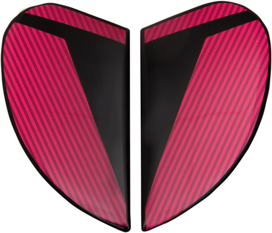 Pink ICON Airform™ Side Plates for Conflux helmet, motorcycle helmet parts, with detailed pink and black design accents.