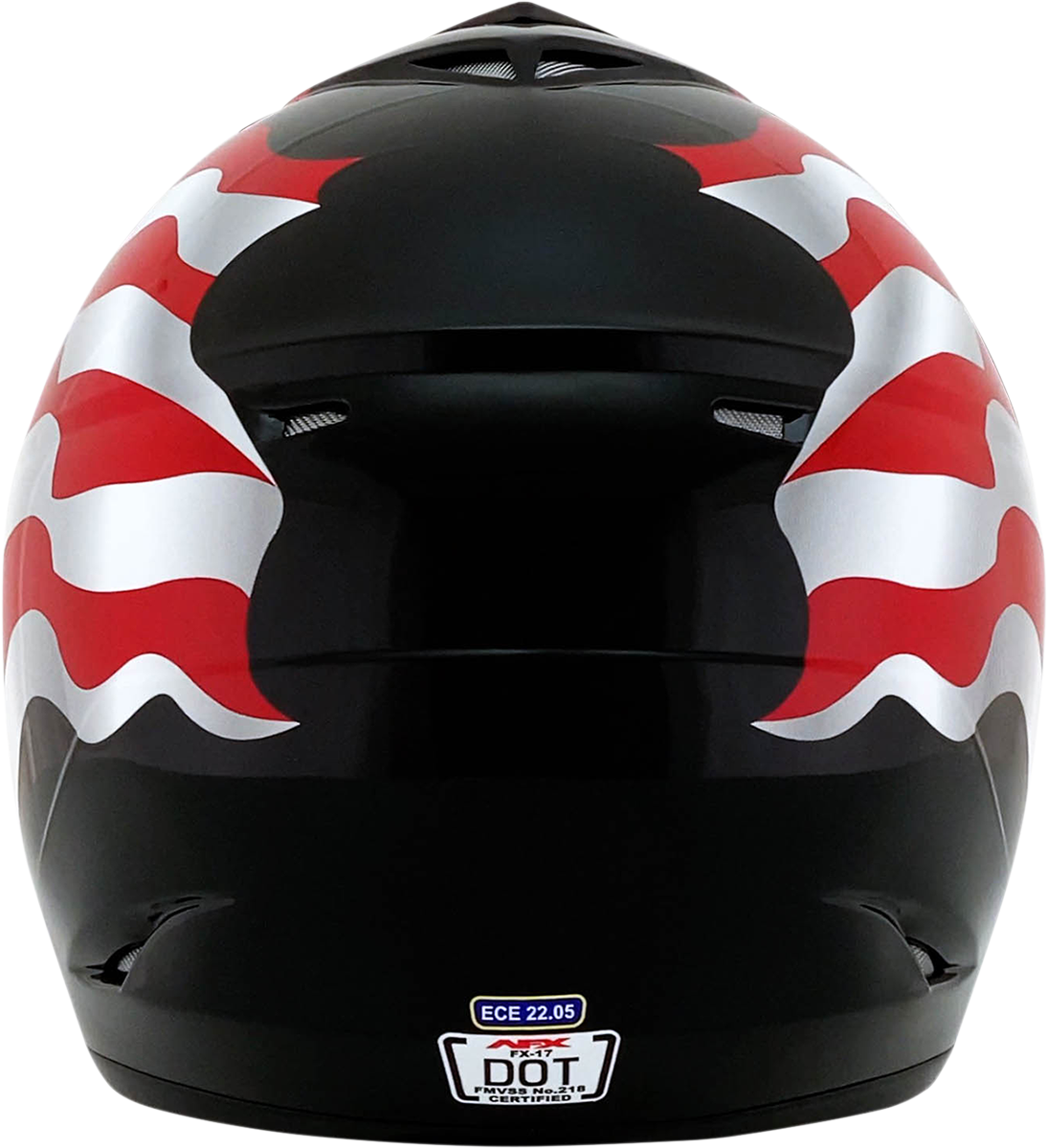 Black AFX FX-17 helmet with flag design in 4XL size, featuring a sleek helmet shape and detailed graphics.