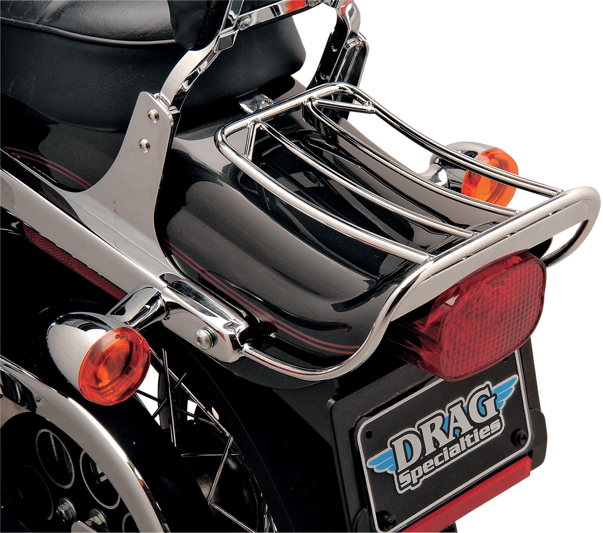 Chrome finish Drag Specialties FXDWG luggage rack with secure attachment points for Harley Davidson FXDWG motorcycles.