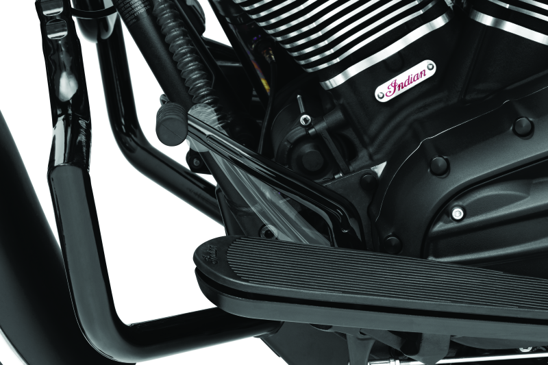 Kuryakyn black shift lever for Indian motorcycles, part number 5817, shown installed with detailed design on a motorcycle.