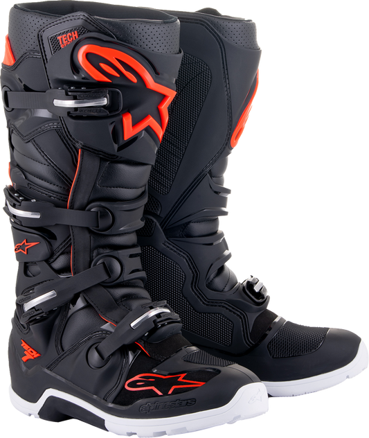 Alpinestars Tech 7 Enduro Boots in black and red fluorescent, US 13, with sturdy design and ankle protection for motocross riding.
