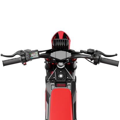 Yozma IN 10 electric mini dirt bike for kids, 2600W e-moto with black and red frame, ready for off-road adventure.