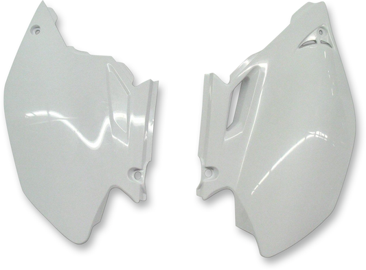 White Acerbis side panels for motorcycle body, designed for durable fit and finish, compatible with specific models.