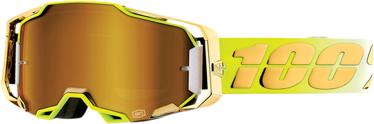Bill's Exhausts 100% Armega Goggles in FeelGood True Gold with tinted lenses and adjustable strap for motorcycle riding protection.