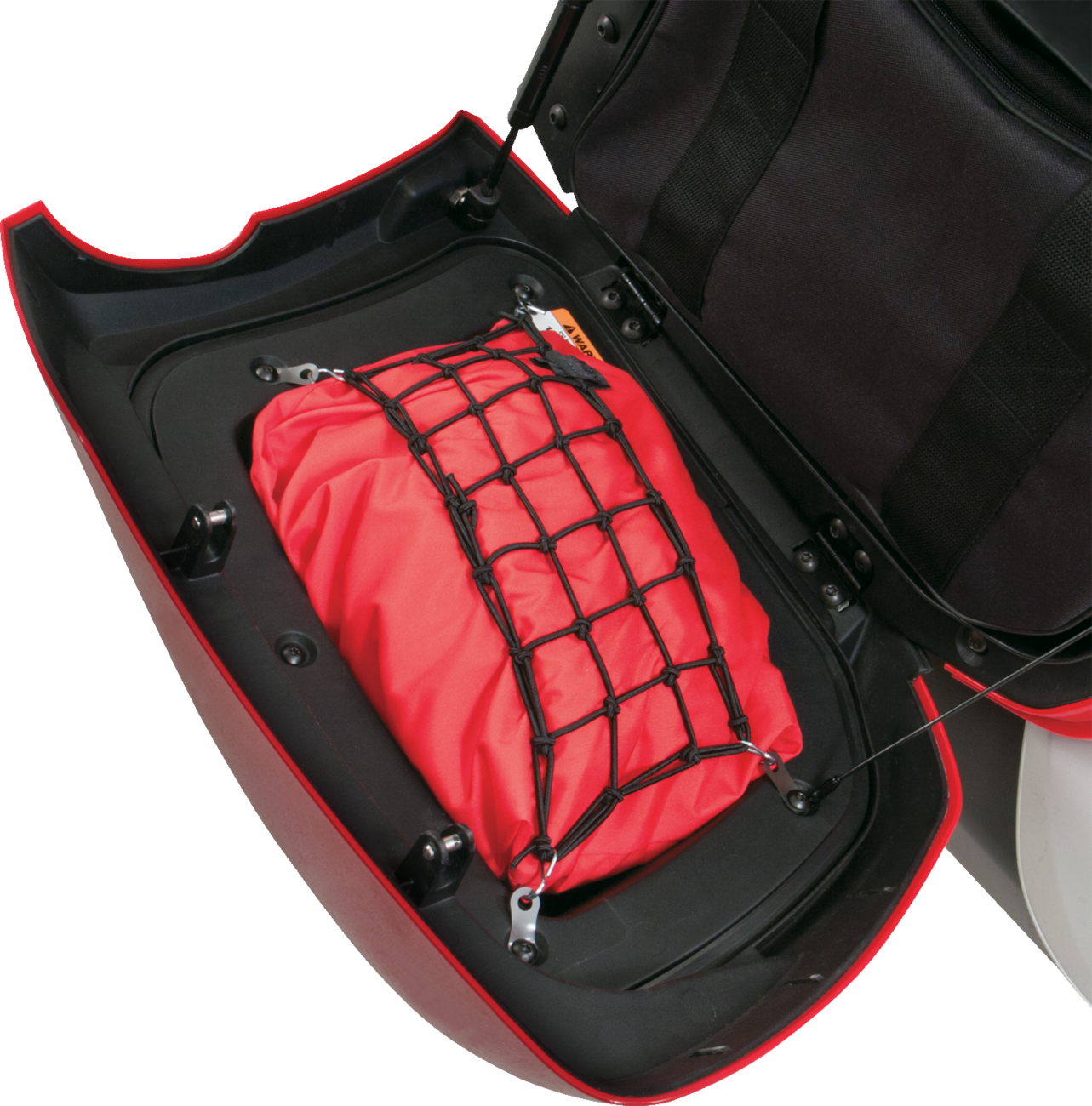 Bill's Exhausts SHOW CHROME Net Set engine trunk and saddlebag for Harley Davidson motorcycles, featuring chrome finish and durable construction.