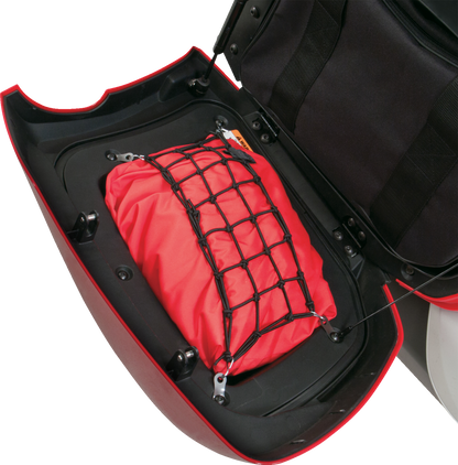 Bill's Exhausts SHOW CHROME Net Set engine trunk and saddlebag for Harley Davidson motorcycles, featuring chrome finish and durable construction.