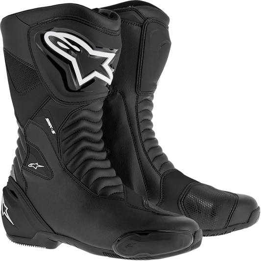 Black ALPINESTARS SMX-S motorcycle boots in US 9 / EU 43, featuring protective design and sturdy construction.
