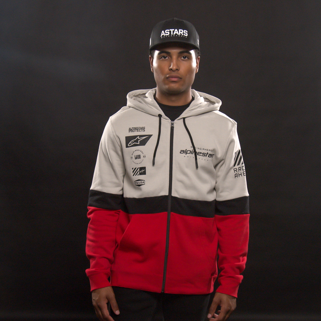 Alpinestars Position Zip Hoodie in silver, black, and red, medium size, featuring a front zipper and brand logo.