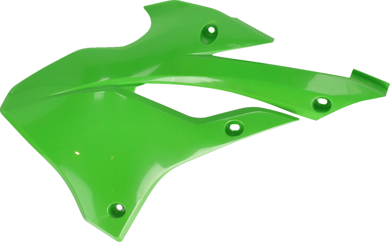 Green Acerbis radiator shrouds for motorcycle body, featuring sleek design with brand compatibility, installed on a bike.