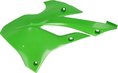 Green Acerbis radiator shrouds for motorcycle body, featuring sleek design with brand compatibility, installed on a bike.
