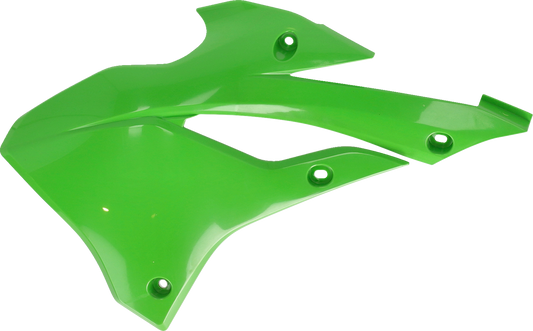 Green Acerbis radiator shrouds for motorcycle body, featuring sleek design with brand compatibility, installed on a bike.