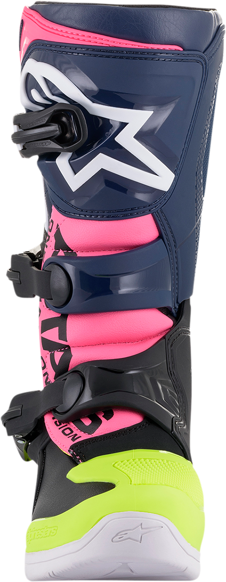 Alpinestars Tech 3S motorcycle boots in black, blue, pink, white, and yellow with protective features, US size 7.