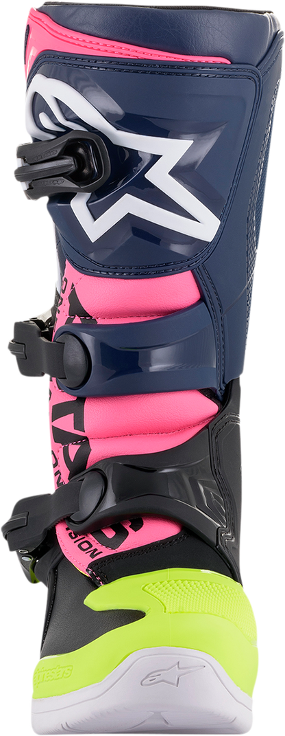 Alpinestars Tech 3S motorcycle boots in black, blue, pink, white, and yellow with protective features, US size 7.